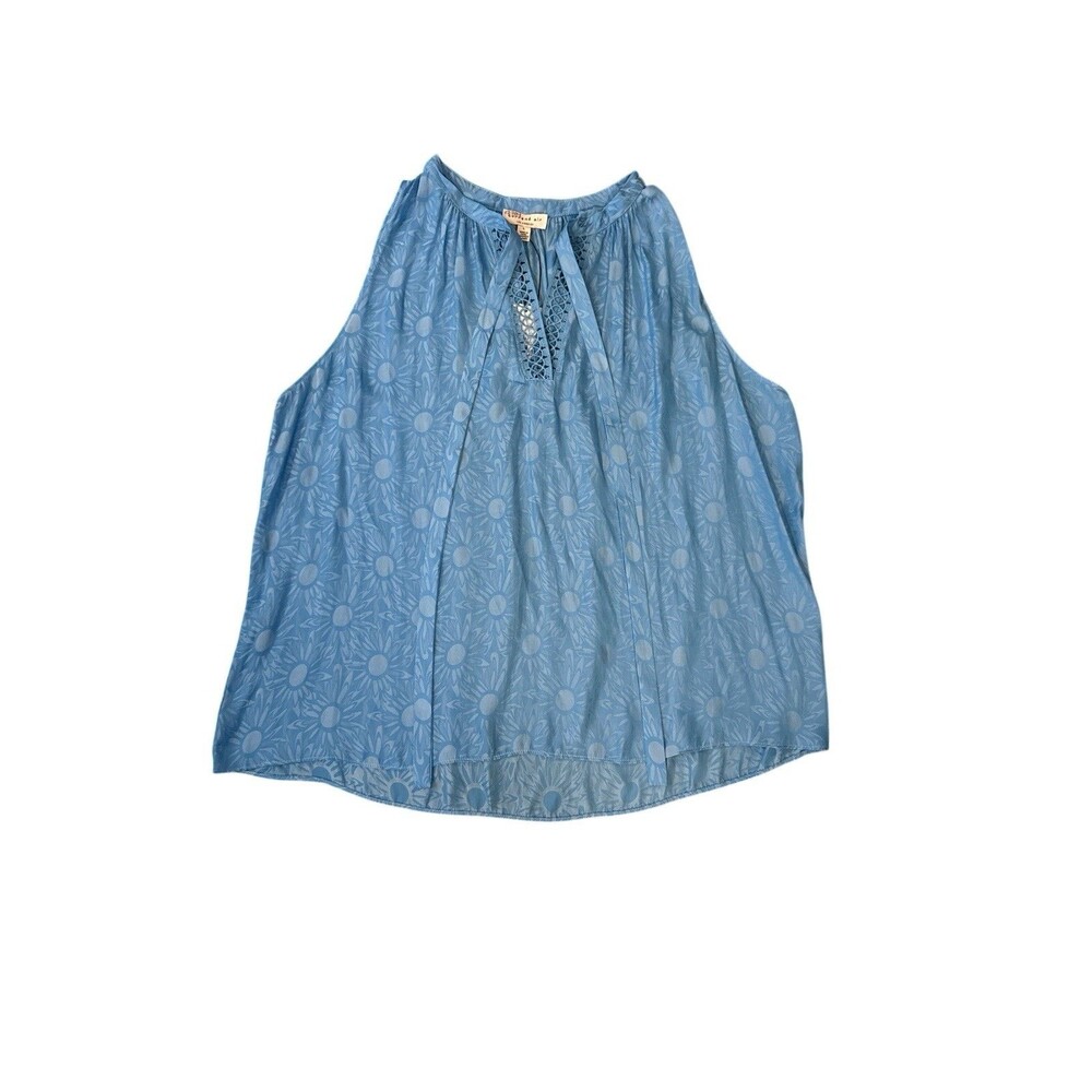 Current Air‎ Los Angeles Halter Blue Sunflower Lace Trim Tie Blouse Womens Sz L